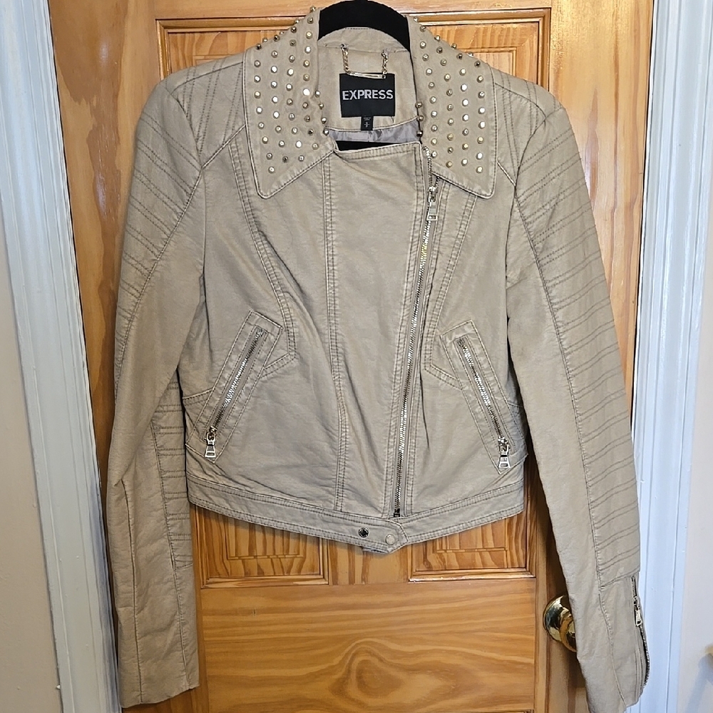 Express Tan Leather Moto Jacket with Quilted Shoulders